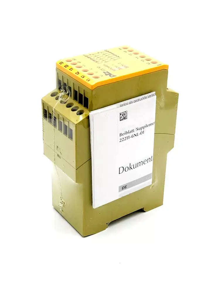 Pilz 774595 PZE X5 Kontakterweiterung 24VDC with document, 5 relay outputs, integrated terminals, and 1/2-channel control.