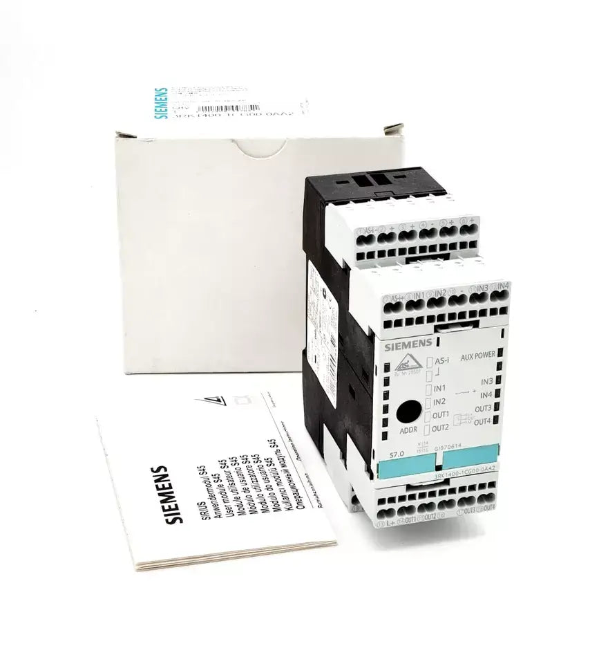 Siemens 3RK1400-1CG00-0AA2 AS-i SlimLine Module with packaging and manual, featuring 4DI/4DQ configuration and 24V DC power supply.