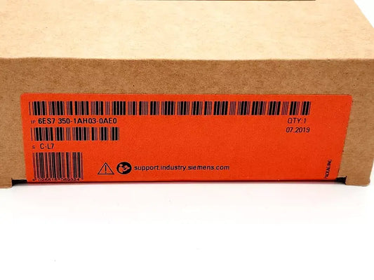 Sealed packaging of Siemens 6ES7350-1AH03-0AE0 SIMATIC S7-300 Zählerbaugruppe FM 350-1 with label visible.