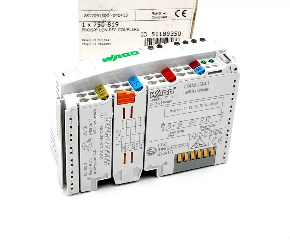 Wago 750-819 Controller LonWorks with programmable interface, shown with packaging, featuring IEC 61131-3 compatibility.