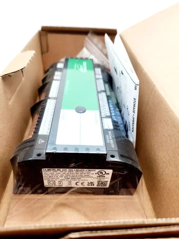 Honeywell CLMERL4N Room Controller MERLIN NX BACnet MS/TP 230VAC in packaging, showing product label and serial number.