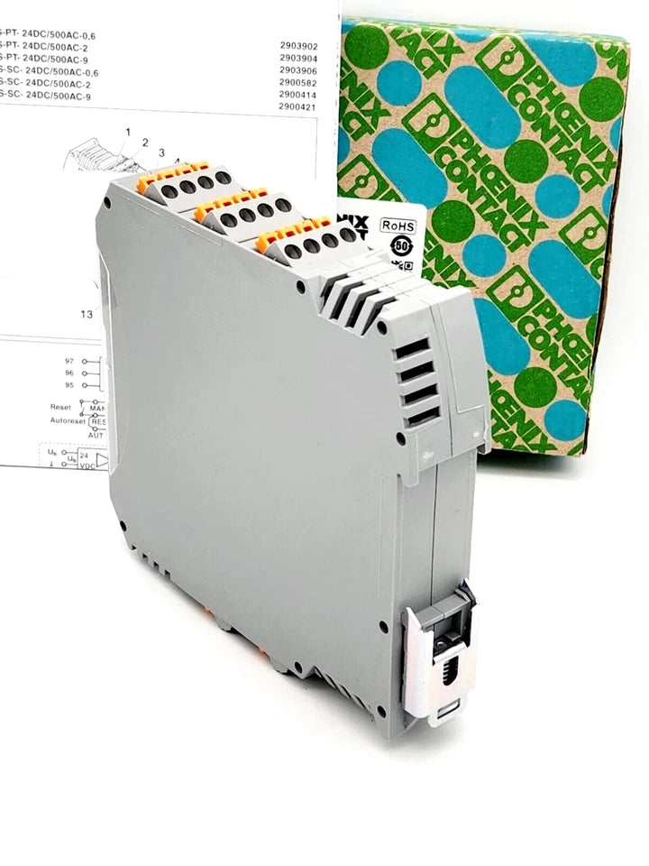 Phoenix Contact 2903904 Hybridmotorstarter ELR H5-IES-PT- 24DC/500AC-2 used for motor protection and direct starting, shown in packaging.