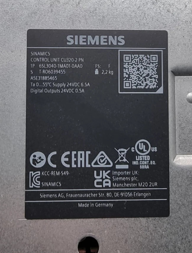 Siemens 6SL3040-1MA01-0AA0 SINAMICS Control Unit CU320-2 PN label with technical details and certifications.
