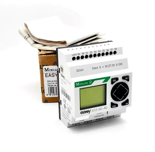 Moeller EASY412-DC-RC Steuerrelais mit Uhr 24V DC, 8 digitale Eingänge, 4 Relaisausgänge, Echtzeituhr, Zeitrelais- und Zählerfunktionen