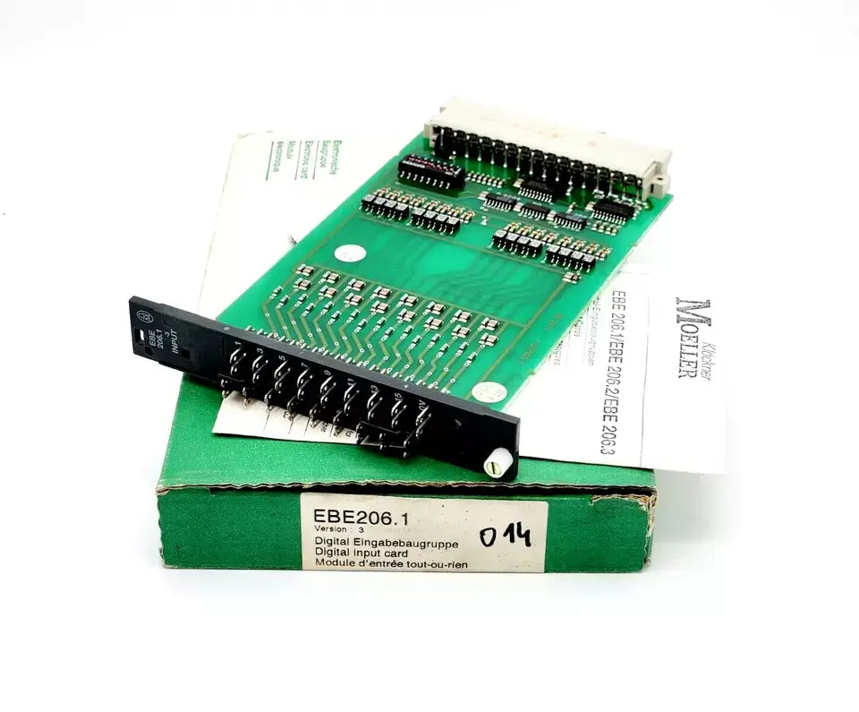 Moeller EBE206.1 digital input module version 3 with 16 channels, 24V DC, negative logic, on packaging box.