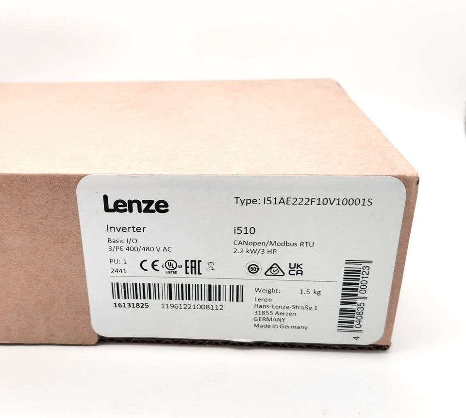Lenze 16131825 i510 Inverter I51AE222F10V10001S 2.2kW/3HP packaging showing label and specifications.