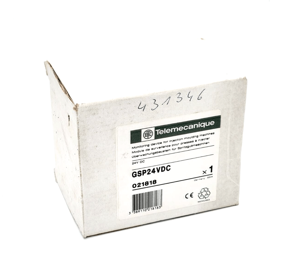 Telemecanique 021818 GSP24VDC monitoring device packaging for injection molding machines, box with label showing product details.