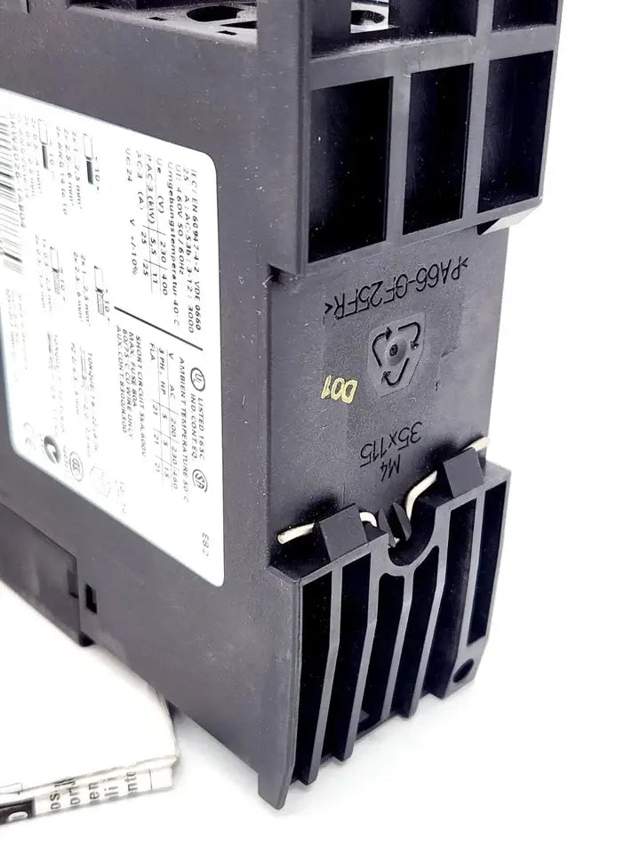 Close-up of Siemens SIRIUS 3RW3026-1AB04 soft starter with product label and electrical specifications visible.