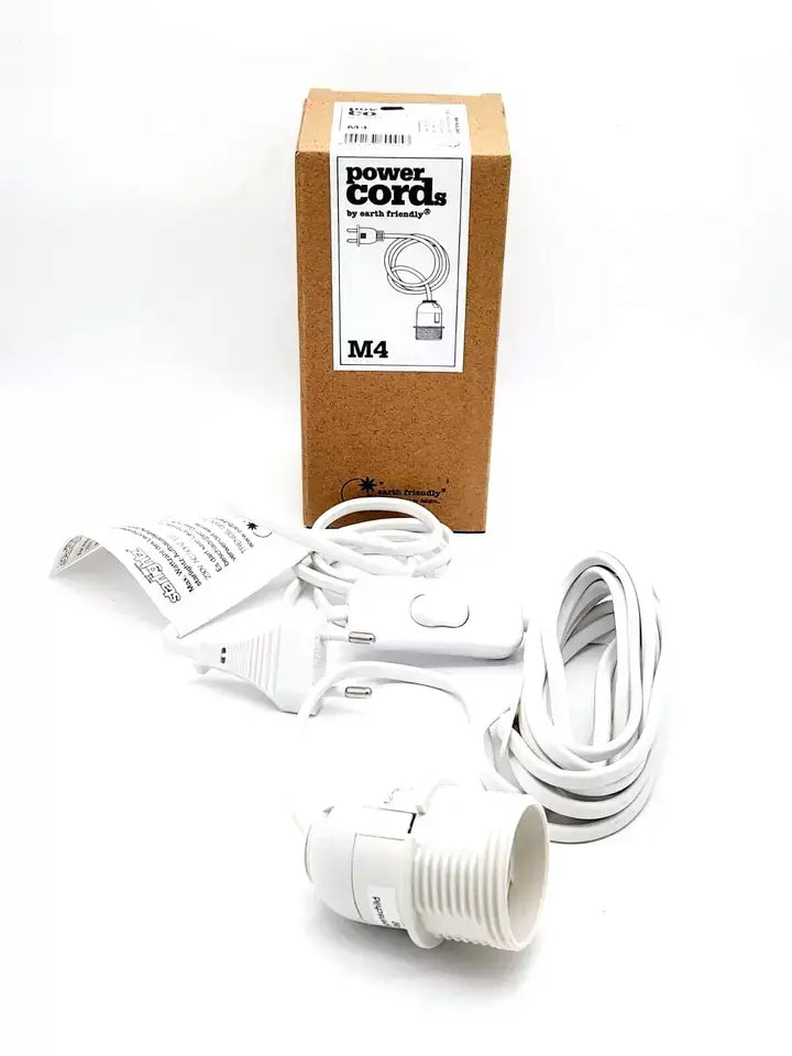 Earth Friendly M4 power cord with on/off switch for Starlightz indoor lighting, 4m white, eco-friendly packaging and design.