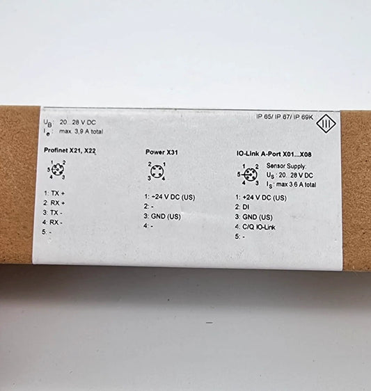 Box label of ifm AL1103 IO-Link Master Feldbus SL PN 8P IP69K showing power and Profinet specifications.