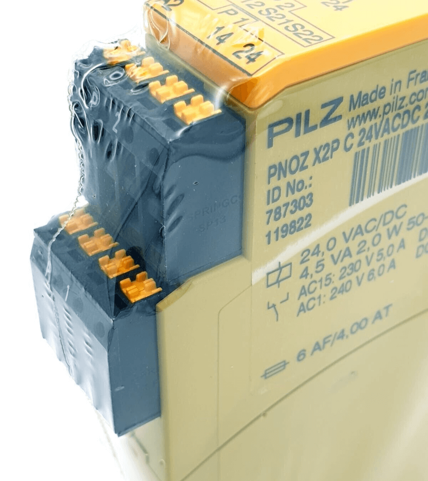 Pilz 787303 PNOZ X2P C safety relay 24VAC/DC, 2 n/o outputs, 1/2-channel setup, cross-fault detection, compact design.