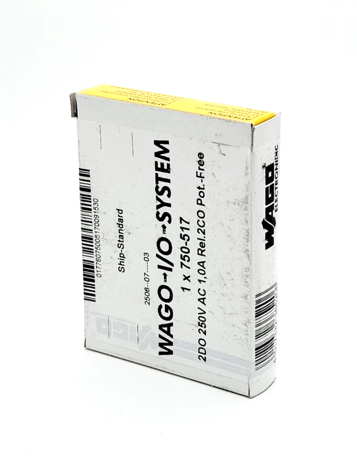 Wago 750-517 2-Kanal-Relaisausgang packaging for AC 250 V with 1A capacity and 2 Wechsler potential-free relay outputs.
