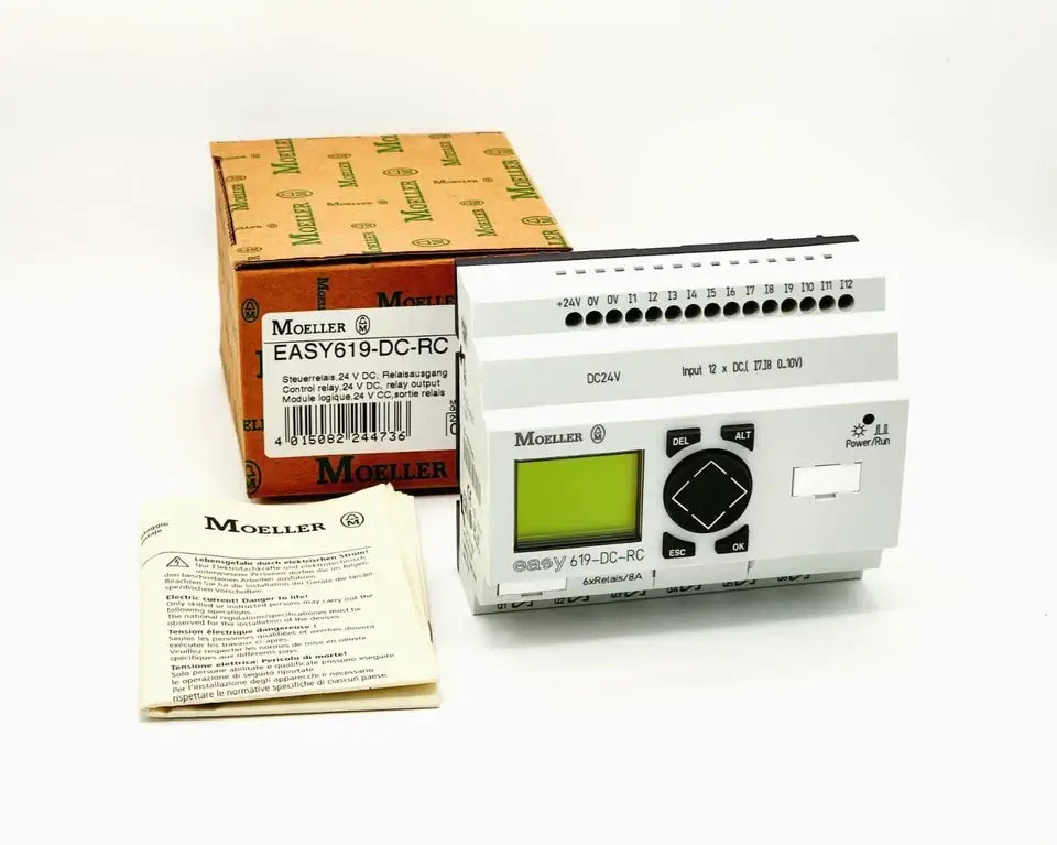 Eaton Moeller EASY619-DC-RC compact control relay with LCD and packaging, 24V DC, 12 digital inputs, 6 relay outputs.