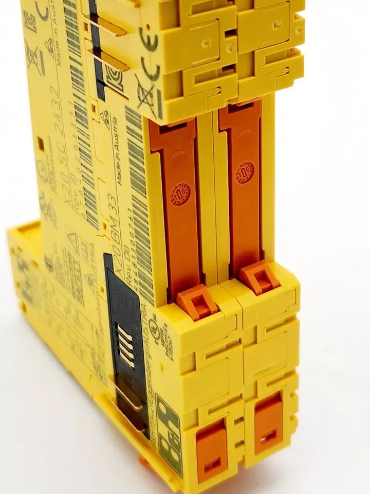 B&R X20SC2432 Safe Mixed Module 24 VDC 0xA7A4 showing digital inputs and relay outputs in yellow housing.