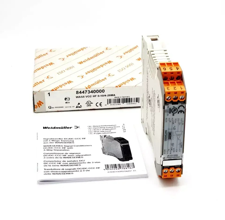 Weidmüller 8447340000 WAS5 VCC HF 0-10/4-20MA Signalwandler Signal Converter with packaging and manual.