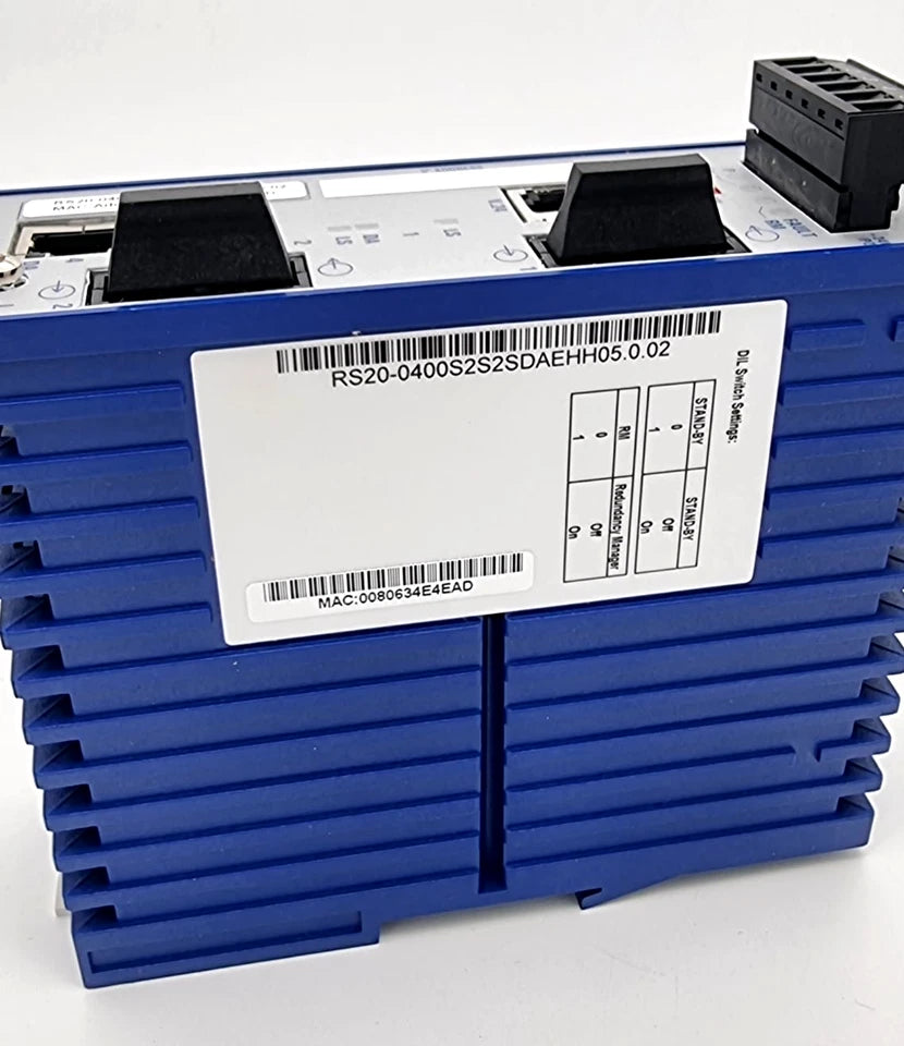 Hirschmann 937-434-013 RS20-0400S2S2SDAE Rail Switch | SW Rel. 05.0.02 industrial ethernet switch front view.