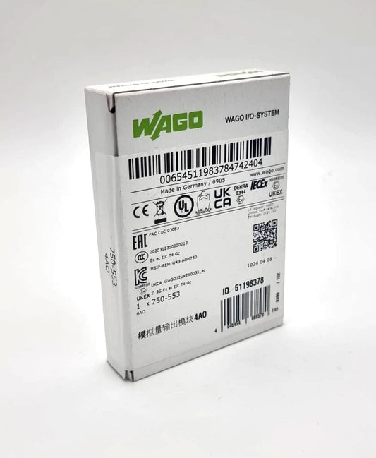 Wago 750-553 I/O System 4-Kanal-Analogausgang 0 … 20 mA | sealed packaging with product labels and specifications.