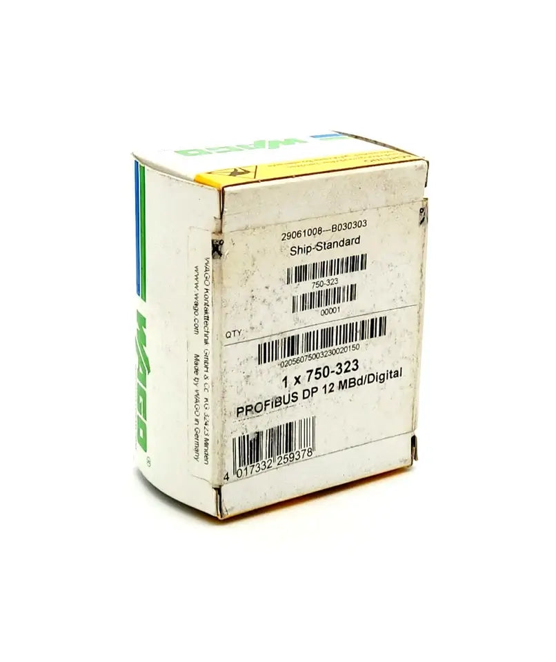 Sealed packaging of WAGO 750-323 PROFIBUS DP 12MBd Digital Module, featuring barcodes and product details on the box.
