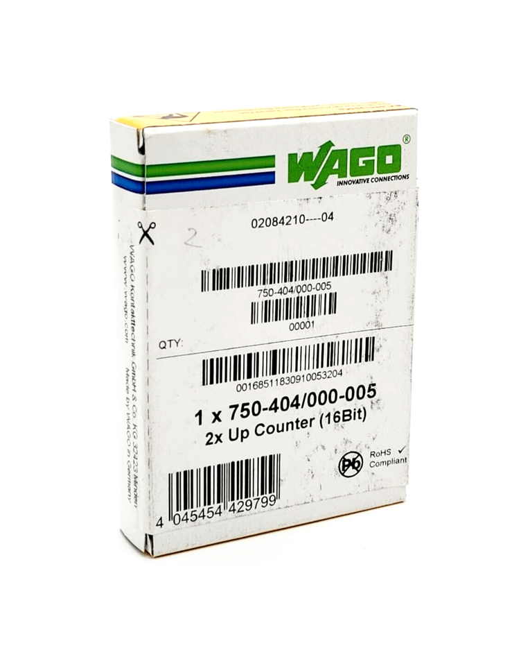 Wago 750-404/000-005 packaging showing 2x Up Counter (16Bit) with barcodes and product details.