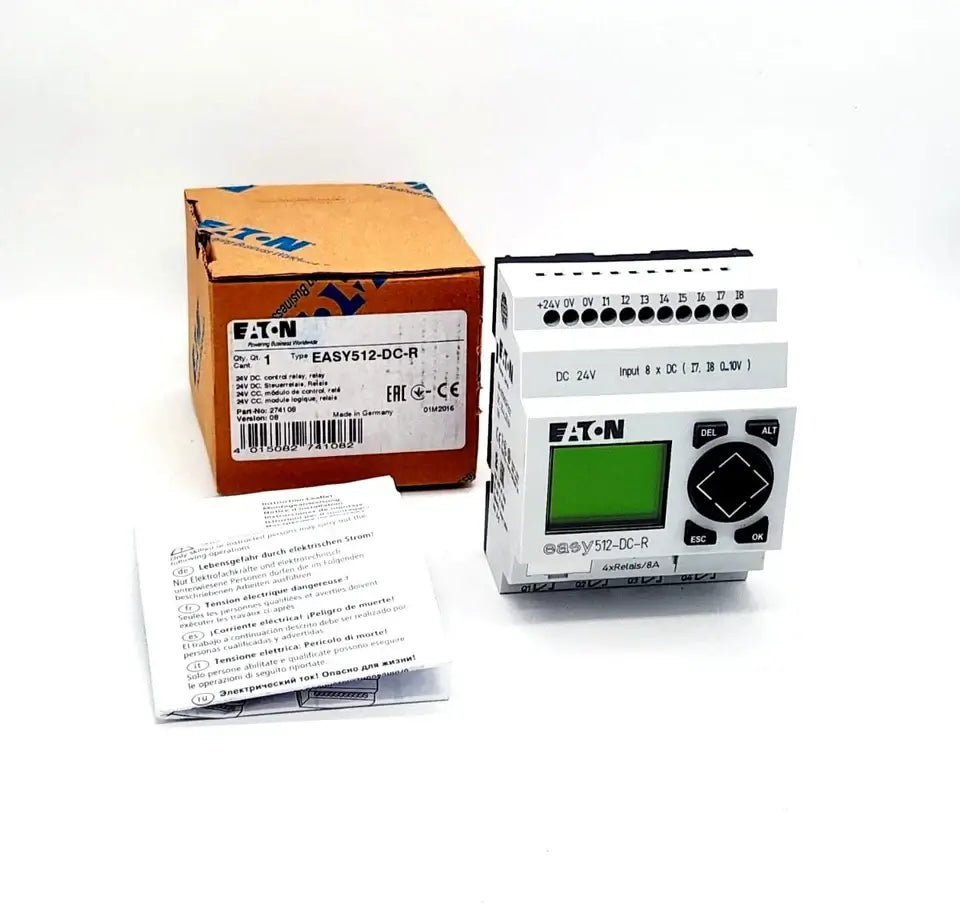 Eaton Moeller EASY512-DC-R compact control relay 24V DC with digital inputs and relay outputs, shown with packaging.