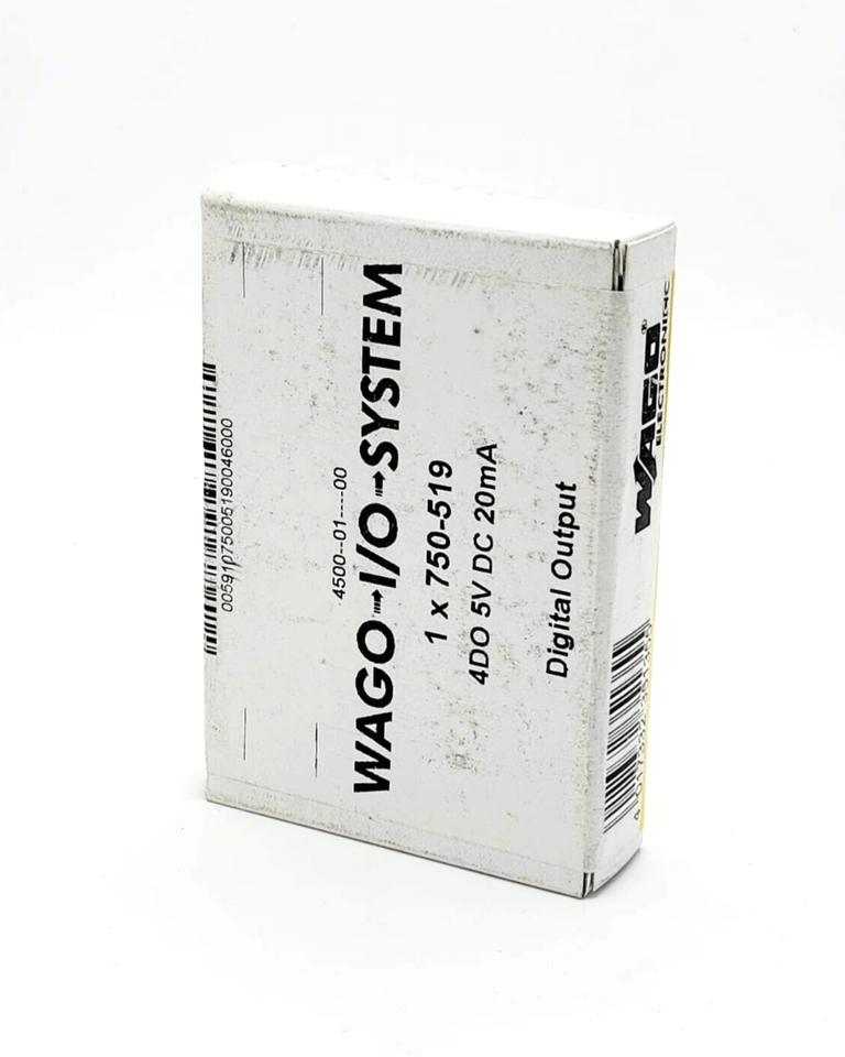 Packaging of Wago 750-519 4-channel digital output module, DC 5V, 20mA, displayed from an angled view.