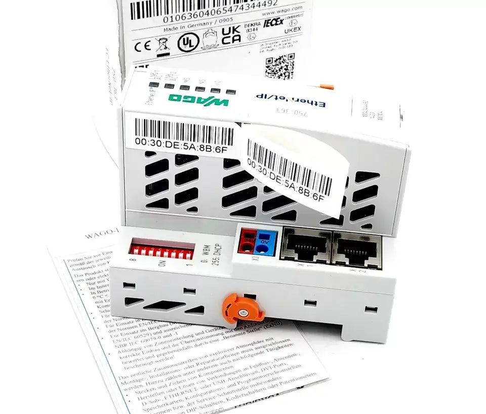Wago 750-363 Feldbuskoppler EtherNet/IP 4. Generation ECO with ports and labels, showcasing connectivity features.