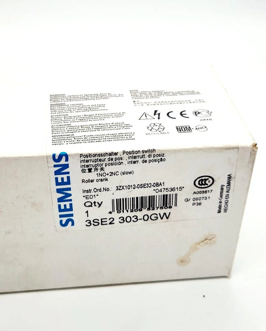 Photo of Siemens 3SE2303-0GW Metallgehäuse Positionsschalter mit Rollenstößel packaging, showing product details and specifications.
