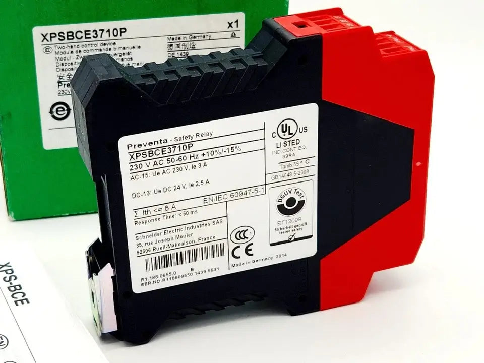 Schneider Electric Preventa XPSBCE3710P safety relay, 230V AC, featuring 2 safety contacts and 1 signaling contact, in packaging.