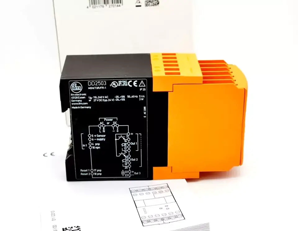 ifm DD2503 MONITOR/FR-1 /110-240VAC/DC Auswerteeinheit zur Drehzahlüberwachung shown with manual and packaging.