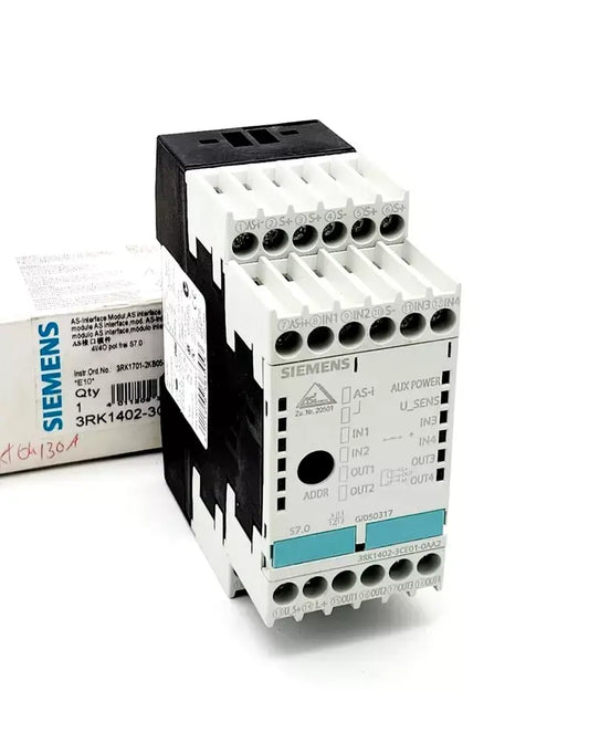 Siemens 3RK1402-3CE01-0AA2 AS-i SlimLine Modul, new and original packaging, featuring digital input and output for AS-i networks.