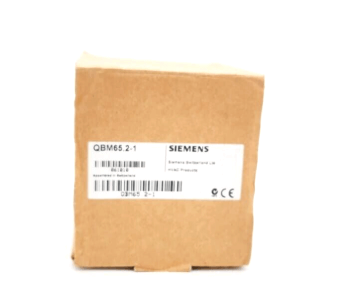 Siemens QBM65.2-1 Luftkanaldruckdifferenzfühler in packaging, displayed against a white background. CE and UL approved.