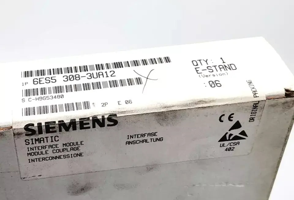 Sealed box of Siemens 6ES5308-3UA12 SIMATIC S5 Anschaltung IM308 interface module with labeling and specifications visible