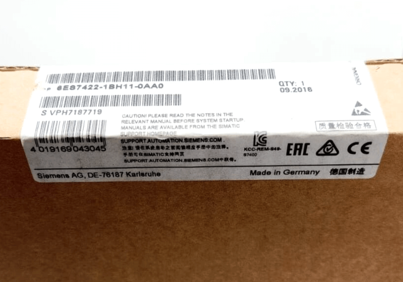 Siemens 6ES7422-1BH11-0AA0 SIMATIC S7-400 packaging label showing product details and compliance symbols.