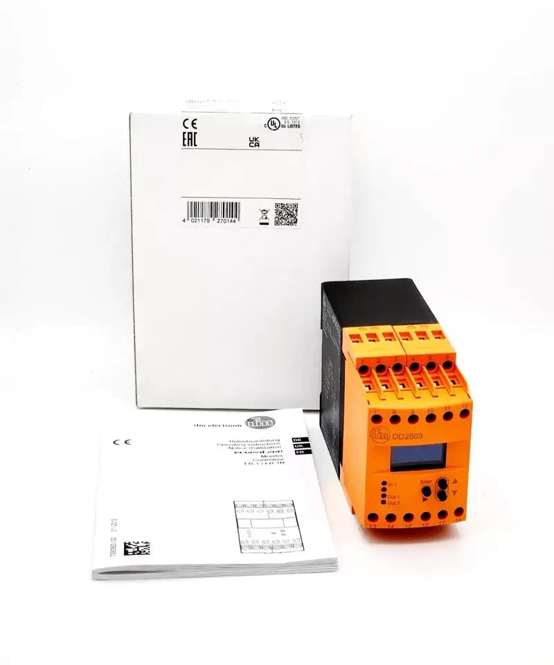 ifm DD2503 monitor, rotational speed monitoring unit with visible OLED display, packaging, and manual included.