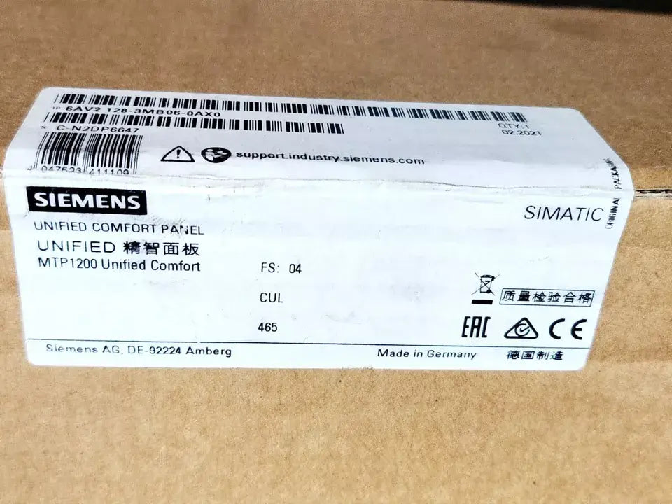 Box label of Siemens 6AV2128-3MB06-0AX0 SIMATIC HMI MTP1200 Unified Comfort Panel | sealed, displaying model and compliance symbols.