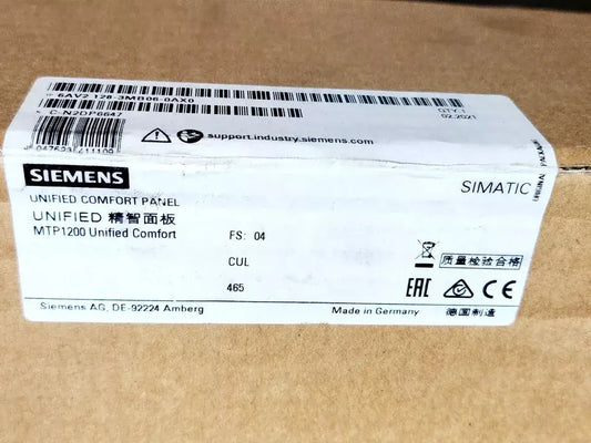 Box label of Siemens 6AV2128-3MB06-0AX0 SIMATIC HMI MTP1200 Unified Comfort Panel | sealed, displaying model and compliance symbols.
