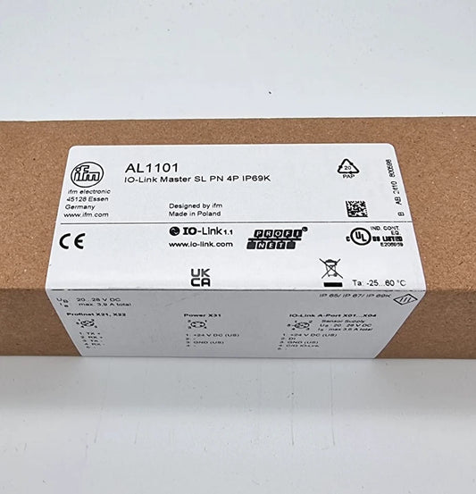 ifm AL1101 IO-Link Master PROFINET-Schnittstelle SL PN 4P IP69K packaging showing technical specifications