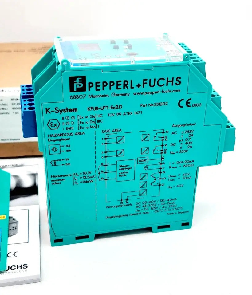 Pepperl+Fuchs KFU8-UFT-EX2.D frequency converter with part number 231202, showcasing technical specifications and input signals.