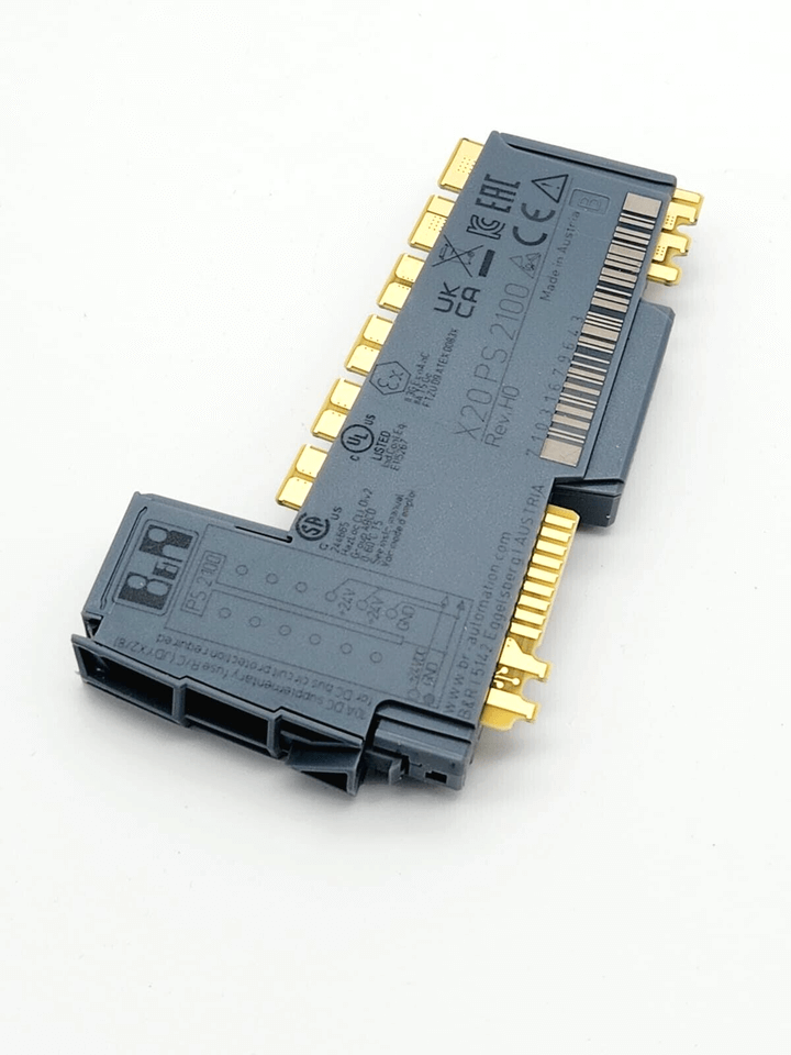 B&R X20PS2100 24 VDC power supply module for I/O, ID 0x1BBF, new without packaging, CE certified, shown at an angle.