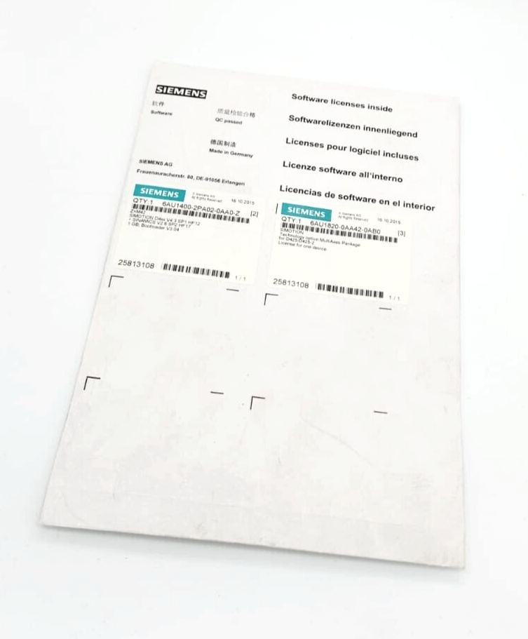 Siemens software license document with multiple languages on a white surface