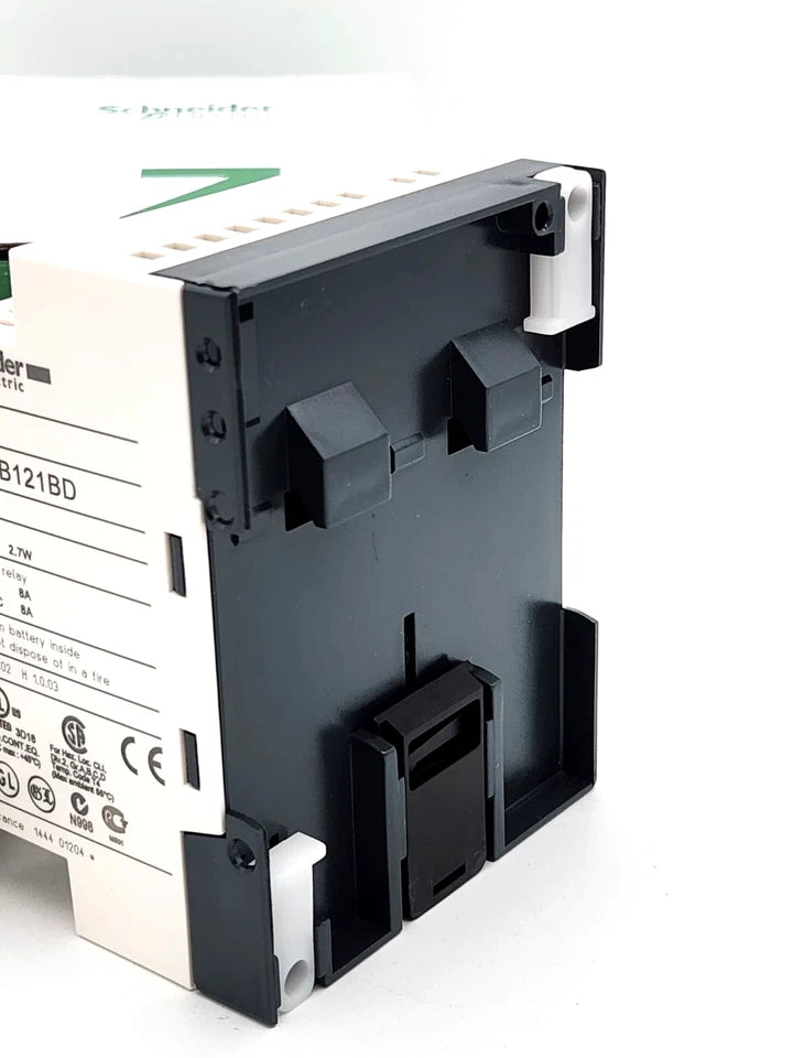 Close-up of Schneider Electric SR2B121BD SPS-Steuerrelais Zelio SR2 B121BD 12 E/A 24 VDC showing back panel features.