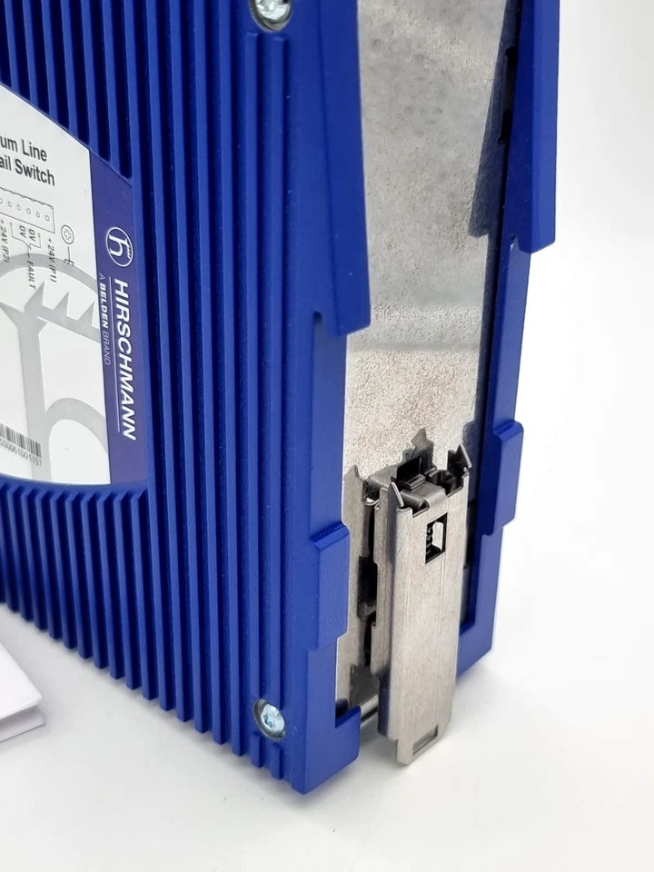 Close-up of Hirschmann 942-141-030 SPIDER-PL-20-07T1M2M299TY9HHHH Industrial Ethernet Switch in blue casing, new condition