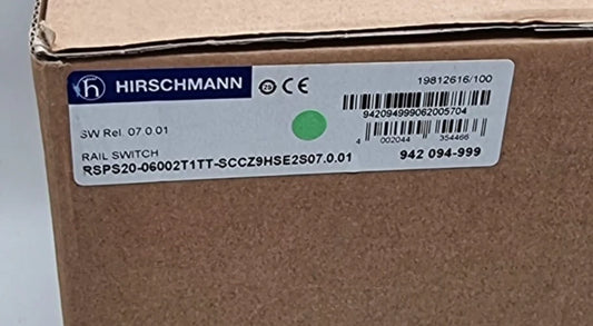 Hirschmann 942-094-999 RSP-06002T1TT-SCCZ9HSE2S | SW Rel. 07.1.00 box label close-up, unopened industrial Ethernet switch packaging.