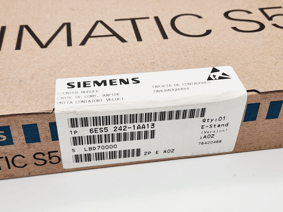 Box of Siemens 6ES5242-1AA13 SIMATIC S5 IP 242 Counter-Modul, sealed, showing label details.