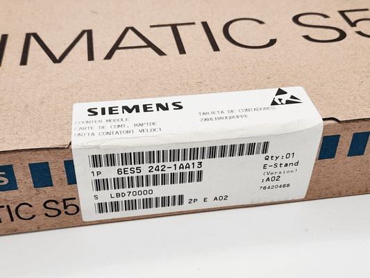 Box of Siemens 6ES5242-1AA13 SIMATIC S5 IP 242 Counter-Modul, sealed, showing label details.