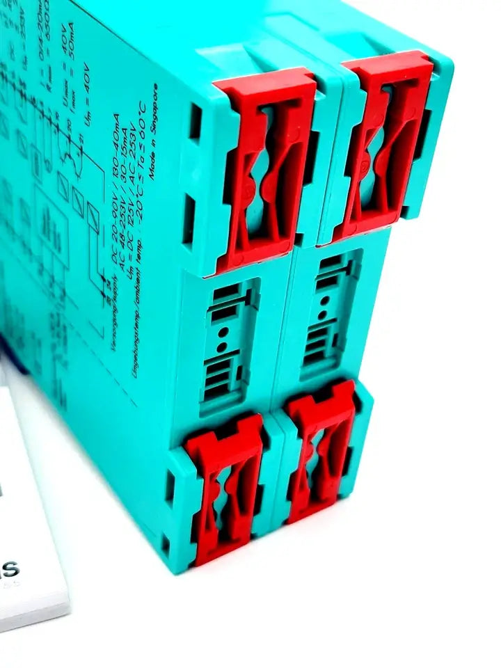 Pepperl+Fuchs 231202 KFU8-UFT-EX2.D frequency converter with red terminal blocks, shown in a close-up view.