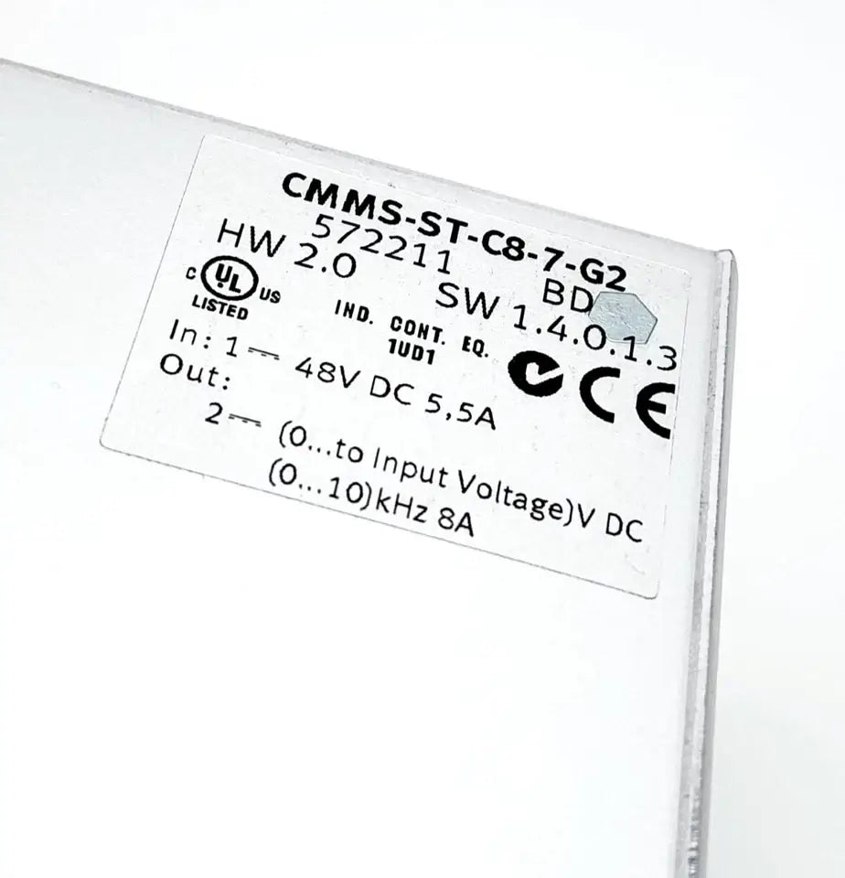 Label on Festo 572211 Motorcontroller CMMS-ST-C8-7-G2 showing specifications and certifications.