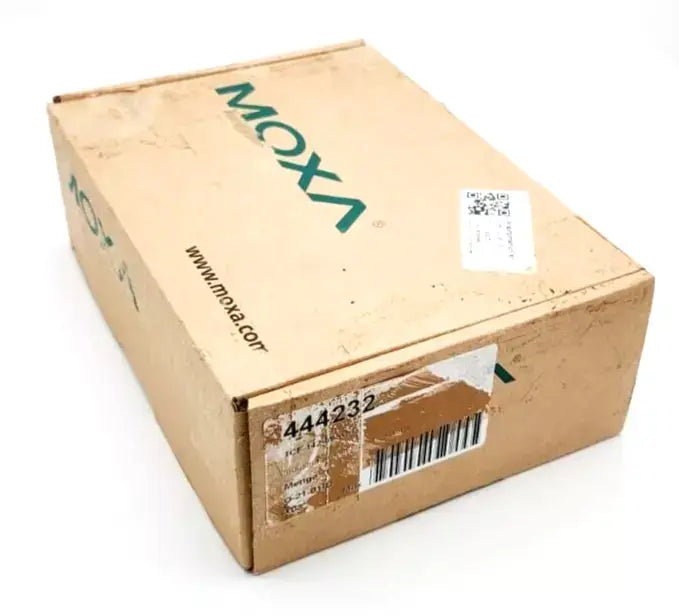 Moxa TCF-142-M-SC-T Media-Converter product box with RS-232, RS-485 interfaces, and SC connector, model number visible.