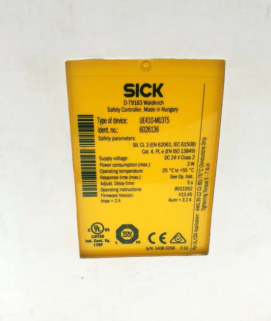 Sick 6026136 UE410-MU3T5 Sicherheitsmodul | sealed, new and unopened safety module with technical specifications displayed on label.