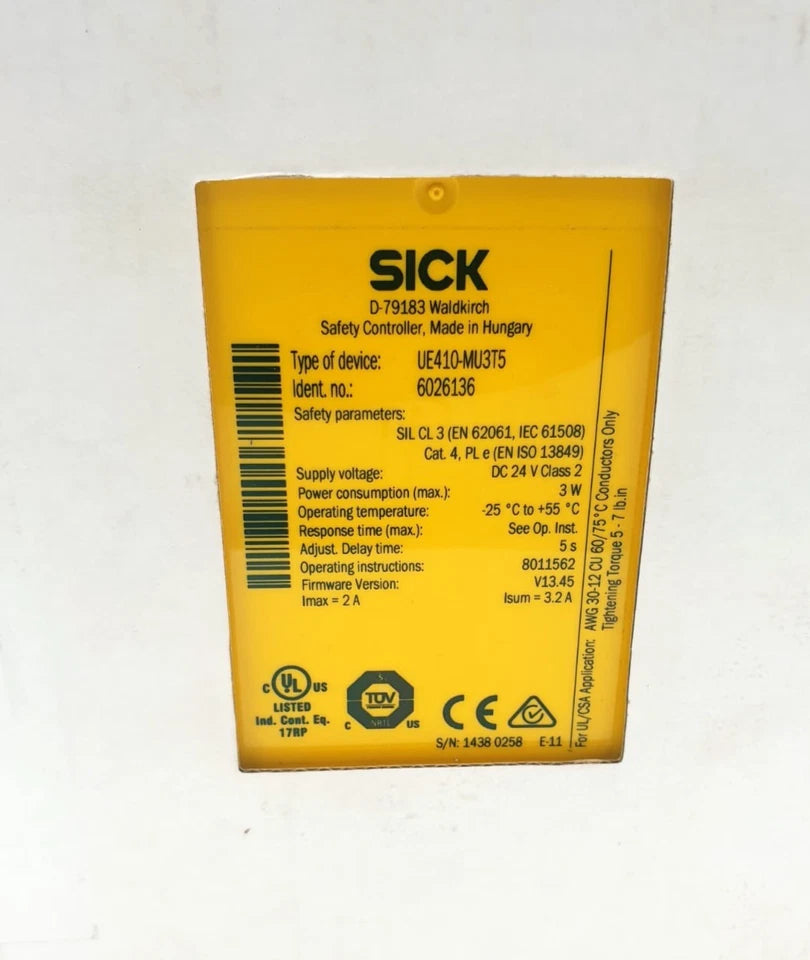 Sick 6026136 UE410-MU3T5 Sicherheitsmodul | sealed, new and unopened safety module with technical specifications displayed on label.